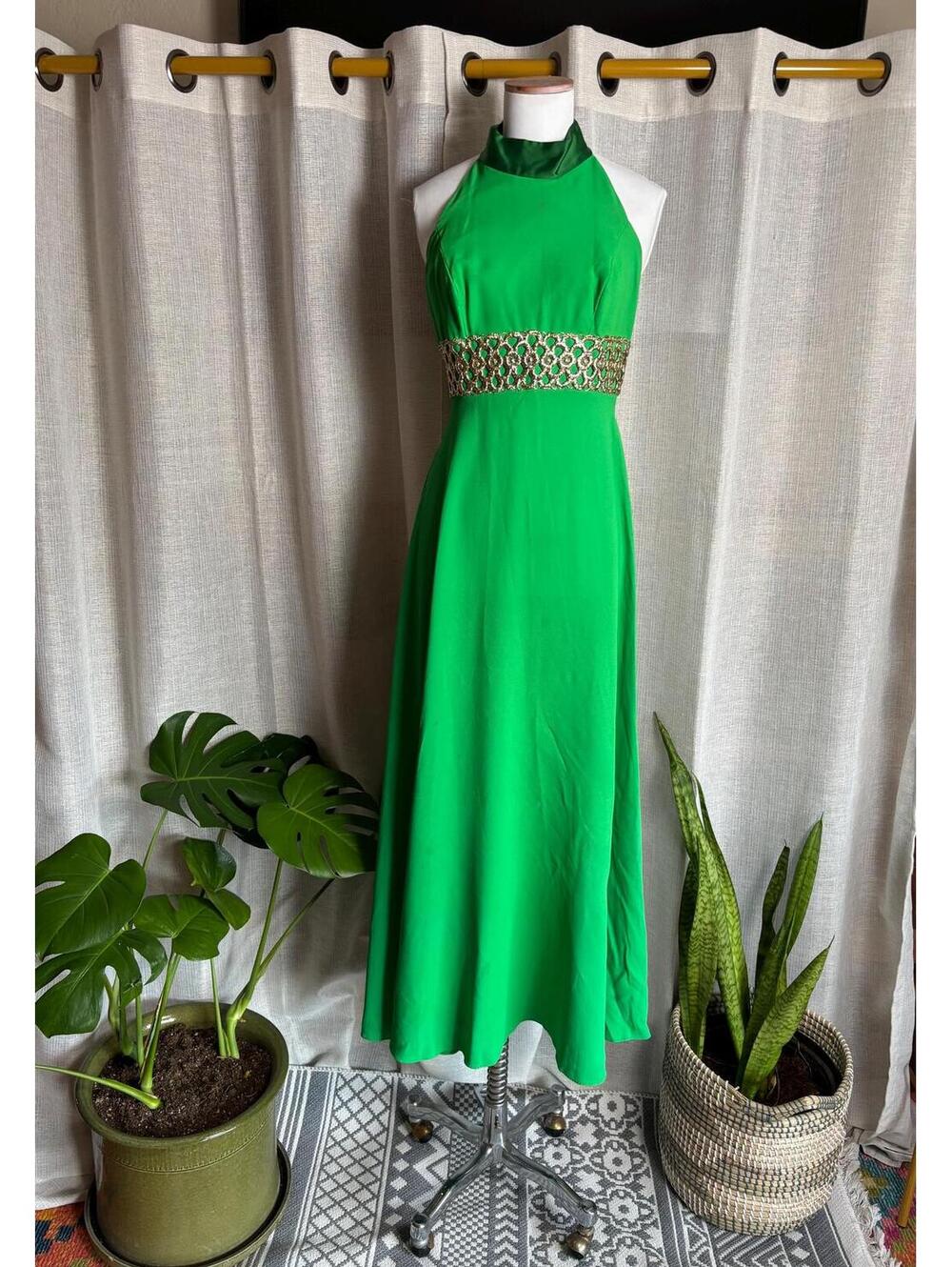 Vintage 1970s Emerald Green Halter Maxi Dress with Caged Back